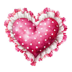 Watercolor heart design with polka dots and floral ruffle on white background for decoration or gifts in festive occasions