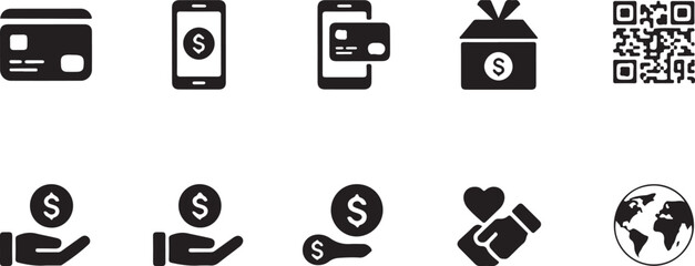 Vector Set of Financial Icons for Mobile Payment and Transactions, set of black and white vector icons depicts various aspects of modern financial transactions, including credit cards, mobile payments