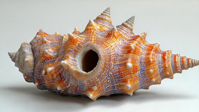 Colorful seashell with intricate patterns and spikes, displayed on a neutral background