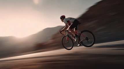 Fototapeta premium Racing cyclist pedaling road bike, blurred motion silhouetted against sunset sky