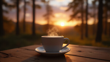 Obraz premium Hot coffee cup on wooden table with trees and sunset in background. Close-Up of coffee cup on table.