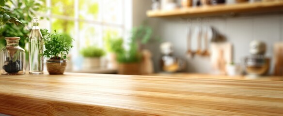 The beautiful kitchen countertop adorned with fresh herbs and decorative bottles.