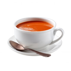 A white ceramic bowl filled with vibrant orange soup, accompanied by a teaspoon on the side, isolated on a white background. Perfect for culinary and food-related themes.
