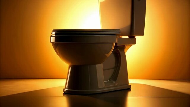 Well-Lit modern porcelain toilet with tank, seat down, shining in warm light in bathroom with dark shadow on light floor, sanitation equipment