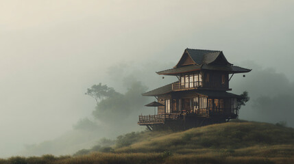 Wooden Hilltop House Above Foggy Landscape