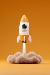 Stylized Rocket Launching Against Orange Background