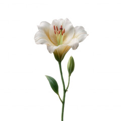 Fototapeta premium Beautiful white flower with delicate petals and green leaves, perfect for floral arrangements and nature-themed designs, isolated on a clean background.