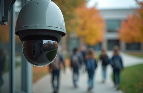 Outdoor security camera on campus monitors students. Surveillance system in public space. Modern tech for observing in education. Safety, protection, modern monitoring on street.