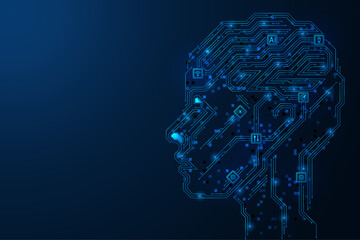 The digital mind of the future in the form of printed circuit board tracks. Chips of thinking and artificial intelligence work. Blue background.