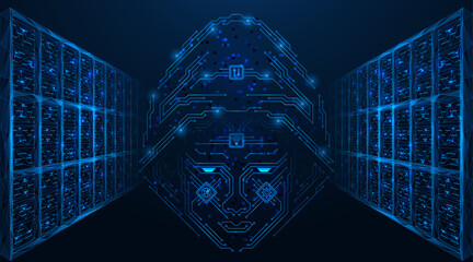 A hacker in a hood in the form of circuit tracks on the background of a server room. Polygonal design of interconnected elements. Blue background.