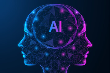 Futuristic digital intelligence of the future. Fusion of neutron networks and technologies into a single synthetic mind. Polygonal design of interconnected lines and dots.
