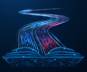 A road stretching away from an open book. Polygonal design of interconnected elements. Blue background.