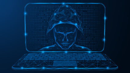 A hacker looking out of a laptop screen. Polygonal design of interconnected lines and dots. Blue background.