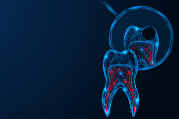 The reflection of tooth caries in the dental mirror. Polygonal design of interconnected elements. Blue background.