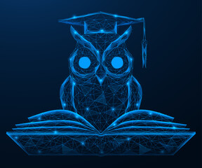 An owl in an academic hat behind a book. Polygonal design of interconnected elements. Blue background.