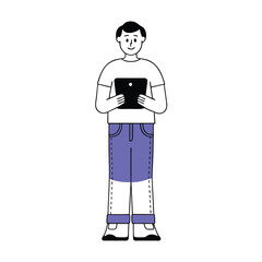 Smiling character holding tablet, dressed in casual attire, appears content and relaxed