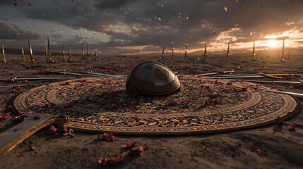 Karbala Inspired Symbolic Battlefield Scene Powerful Visual Narrative Historical Event Depiction Emotional Impactful Artwork Commemorative Art Piece Evocative Imagery of Sacrifice and Bravery
