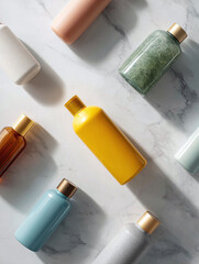 Elegant, diverse collection of cosmetic bottles on marble. Luxurious presentation for beauty, spa or personal care products. Great for ads or websites.