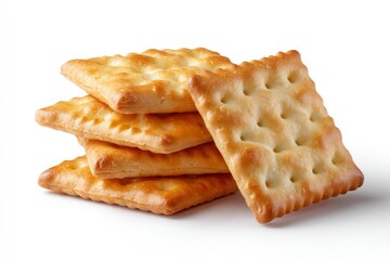 Fototapeta premium Stack of goldenbrown square crackers one leaning to the side against a white backdrop