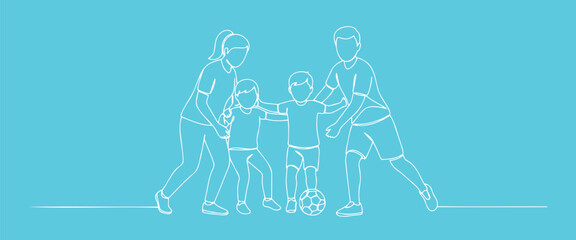 Family playing soccer together in a fun and playful atmosphere illustrated in minimalist line art style 