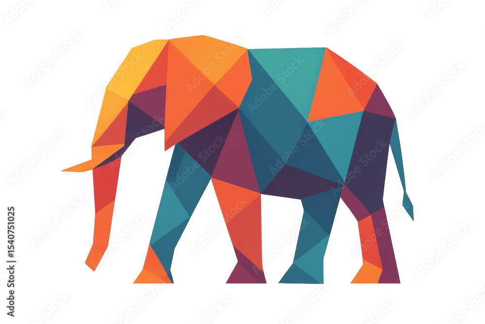 Poster colorful triangular elephant polygon silhouette walking, geometric design pattern isolated on transp