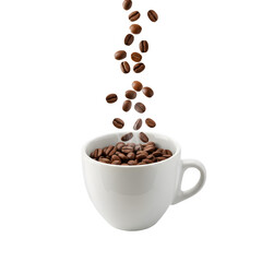 Obraz premium Roasted Coffee Beans Falling into White Mug Caffeine Aroma Beverage