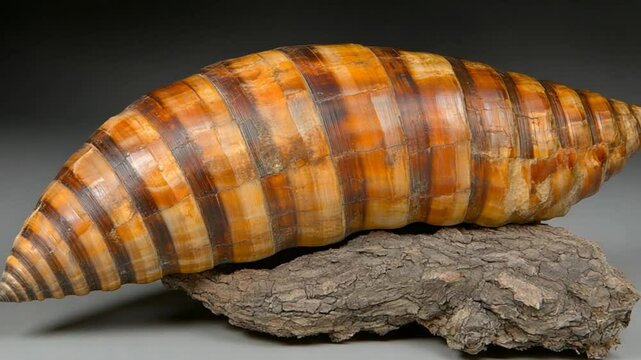 A beautifully patterned shell resting on a textured log against a neutral background