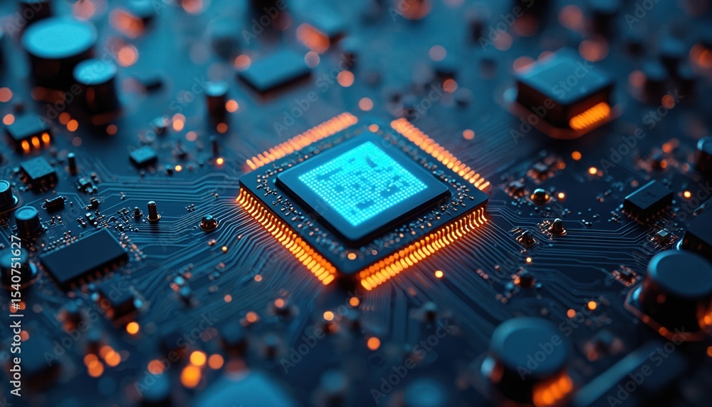 Poster Futuristic tech circuit board with intricate electronic components. Metallic pathway design in green, blue colors. Abstract background, detailed texture, perfect for tech articles, AI design, data