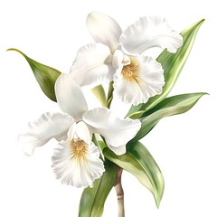 Elegant White Cattleya Orchid Botanical Illustration