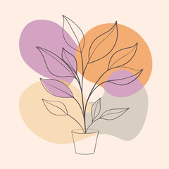Abstract line art plant in pot with pastel shapes