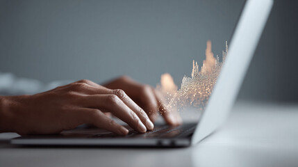Fingers type on a laptop with a digital graph overlay, suggesting data analysis, fintech, or investment. Modern, clean design for business or technology themes.