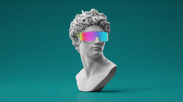A digital art composition featuring a classical marble sculpture bust of a young man with curly hair against a solid teal background.