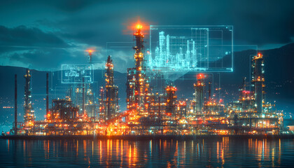 Industrial oil refinery with digital data overlays at night