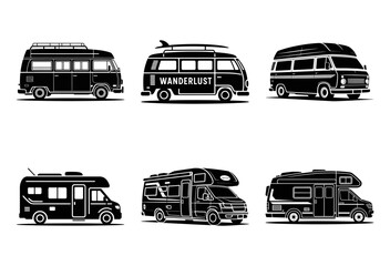 Six camper van silhouettes isolated on white background
