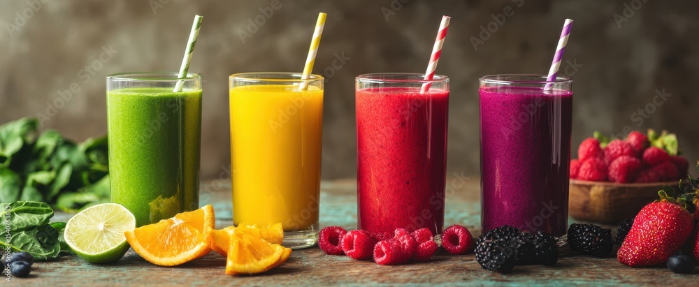 Poster the colorful array of refreshing smoothies in elegant glassware.