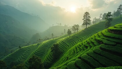 Picturesque tea plantation on sunny mountain slopes. Green tea crop cultivation, agriculture farming. Rich fields, rows, harvest, nature landscape with trees, sky. Healthy beverage, natural drink,