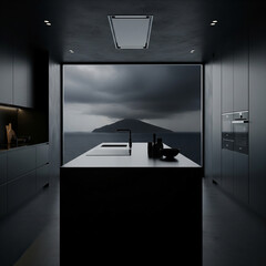 Black Kitchen Interior with Dark Island Mockup