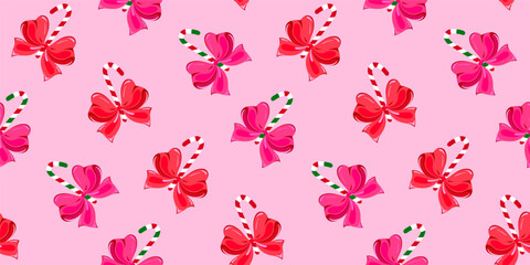 Seamless design cute red, pink bows and sweet candy canes on a pastel pink backdrop, a joyful holiday theme. Perfect for digital, crafts, and festive decor projects