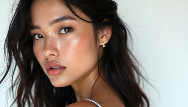 Portrait young asian woman, beauty queen with perfect makeup, hair on clean white background. Fresh healthy skin, natural cosmetic. Attractive lady, beautiful face, soft skin, glamorous style. Beauty - Powered by Adobe