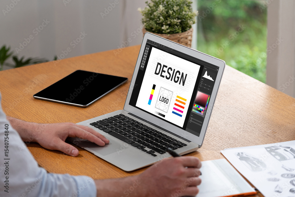 Poster graphic designer software for modern design of web page and commercial brisk ads showing on the comp