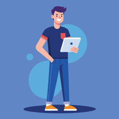 Cheerful young man holding a tablet is posing with his hand in his pocket