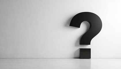 Black question mark against white wall. Symbol of query doubt and uncertainty. Minimalism visual concept for business, finance, education or marketing. Thinking, problem solving, decision making.