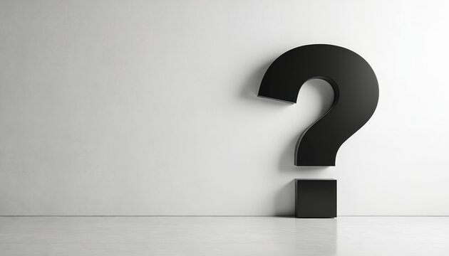 Black question mark against white wall. Symbol of query doubt and uncertainty. Minimalism visual concept for business, finance, education or marketing. Thinking, problem solving, decision making.