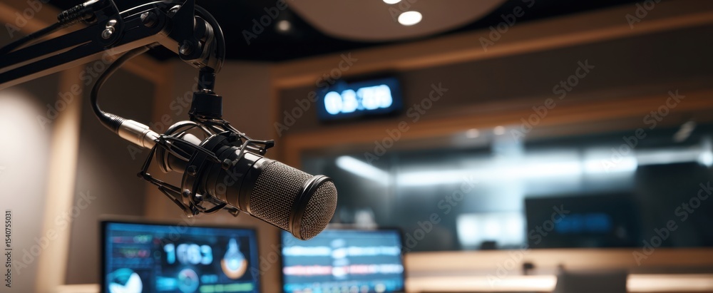 Poster the microphone in a modern radio studio setup with audio equipment.