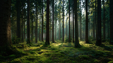 Enchanted Forest Clearing Dawn's Gentle Light Mossy Woodland Scene Sunlit Glade Tranquil Nature Escape Mystical Forest Ambiance Ethereal Morning in the Woods
