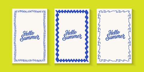 Colorful summer, spring with minimalist line borders, postage stamp Vintage hand drawn frames with. Italian summer vacation aesthetic template for poster, invitation, cards, banner with copy space.