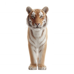 Obraz premium Front view of a majestic tiger standing proudly, showcasing its striking orange and black stripes against a white isolate background.