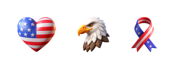 Heart With American Flag, Eagle's Head, Awareness Ribbon, Set of 3D Icon – Glossy Minimal Emoji Style, Isolated PNG objects