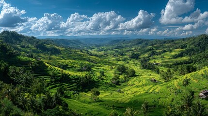 Obraz premium Lush Green Rice Terraces Under a Bright Summer Sky—Vibrant Natural Landscape