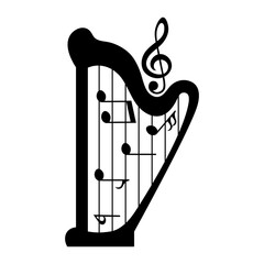 Musical harp with notes, music instrument black silhouette, vector illustration.